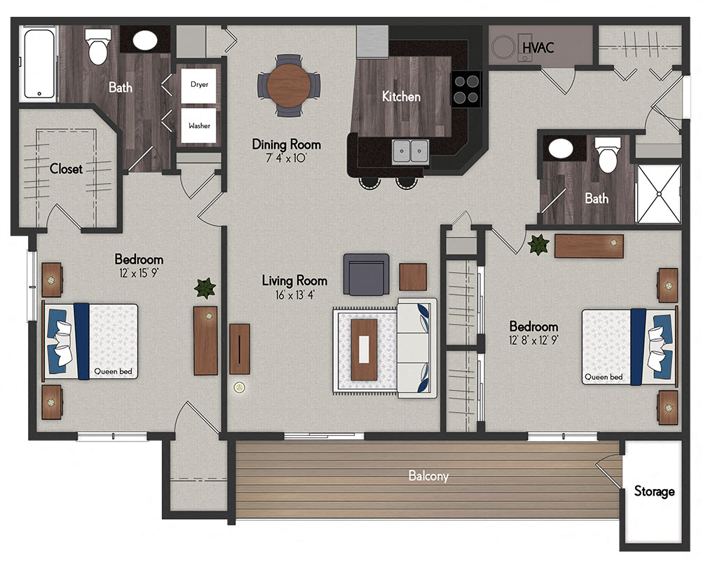 Floor plan for 2 beds, 2 baths, 1208 sqft